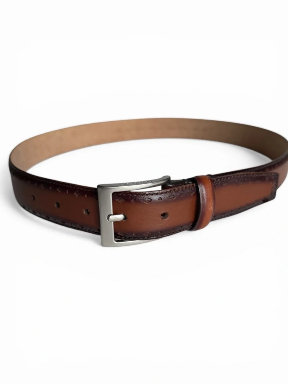 Cole Haan Mens Brown Leather Belt Burnished Stitched Detail - Size 34 - Picture 1 of 7